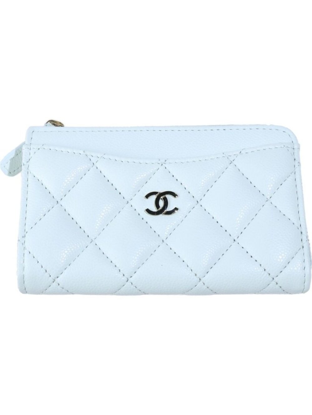 Chanel Quilted Fragment Case Zip Card Coin Purse Silver Caviar Leather Pale Blue